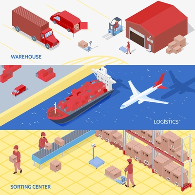 Set of horizontal isometric banners with logistics services goods storage at warehouse, sorting center isolated vector illustration