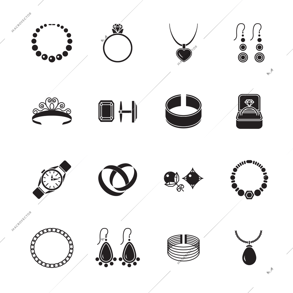 Jewelry black icons set of diamond gold fashion expensive accessories isolated vector illustration.