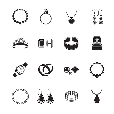 Jewelry black icons set of diamond gold fashion expensive accessories isolated vector illustration.