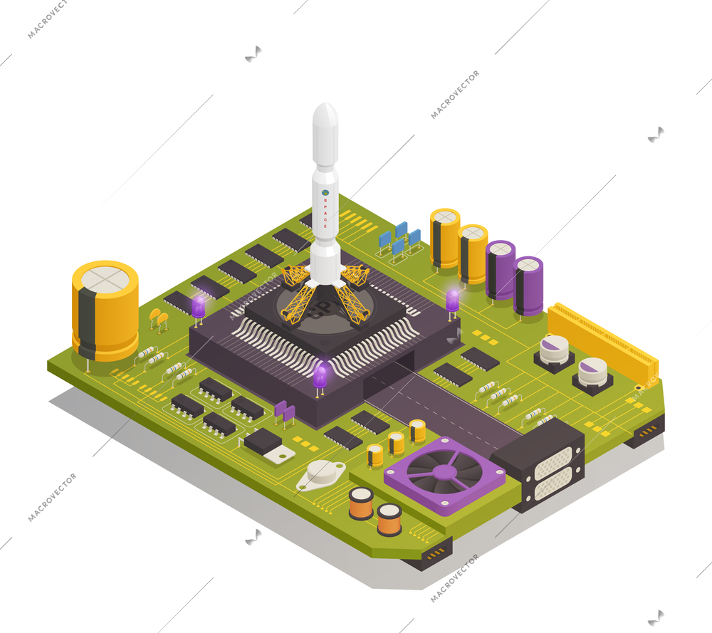 Semiconductor electronic components assembled on printed circuit board as space rocket launching complex isometric composition vector illustration