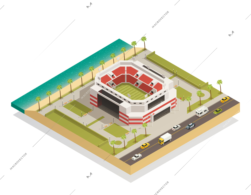 American football stadium field with goal lines isometric composition in coastal area with adjacent road vector illustration