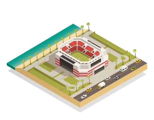 American football stadium field with goal lines isometric composition in coastal area with adjacent road vector illustration