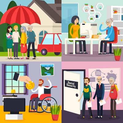 Social security orthogonal design concept with family protection, retirement welfare, disability and unemployment benefits isolated vector illustration
