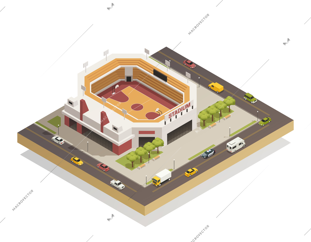 Basketball arena sport center competitions stadium with  outdoor area and adjacent streets isometric composition vector illustration