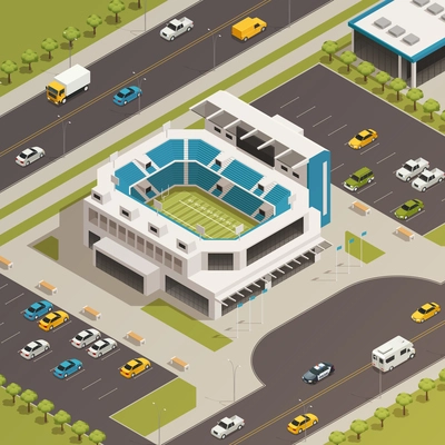 American national league football sport stadium with adjacent parking lots and busy streets isometric composition vector illustration
