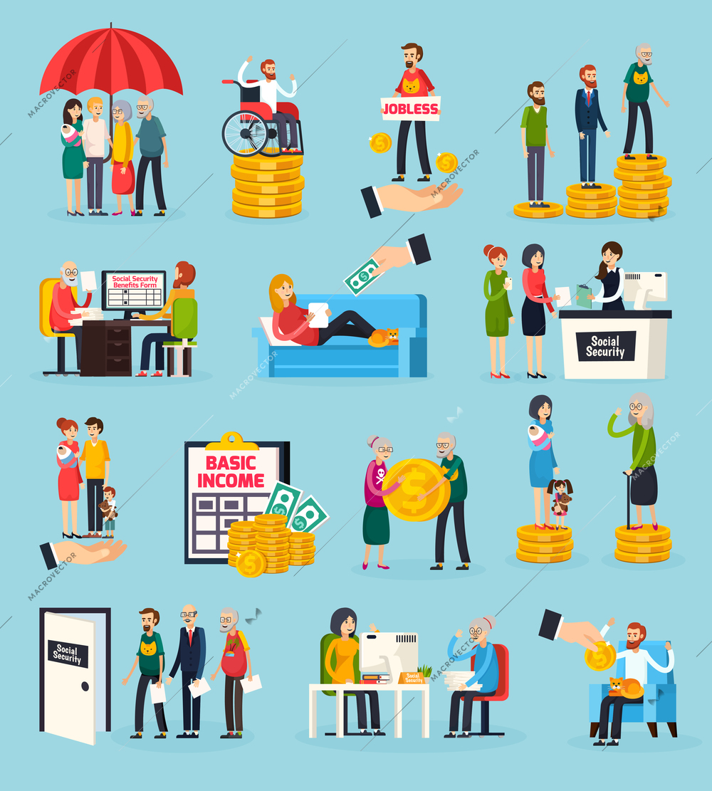 Social security orthogonal icons set with family protection, disability and unemployment benefits, documents execution isolated vector illustration