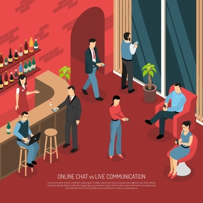 Online mobile chatting in bar cafe restaurant vs talking in real life isometric composition poster vector illustration