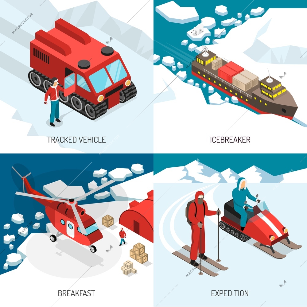 Polar station 4 isometric icons concept with tracked vehicle snowmobiles skier and icebreaker expedition isolated vector illustration