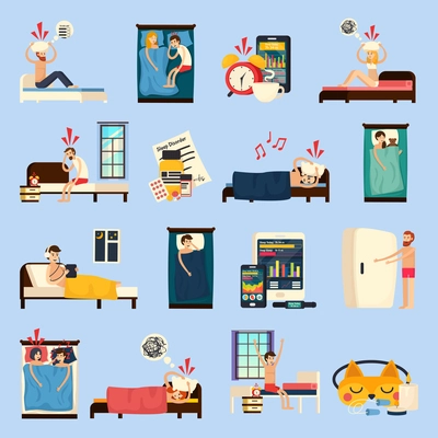 Sleep disorder orthogonal flat icons people with insomnia, healthy night rest, medications and earplugs isolated vector illustration