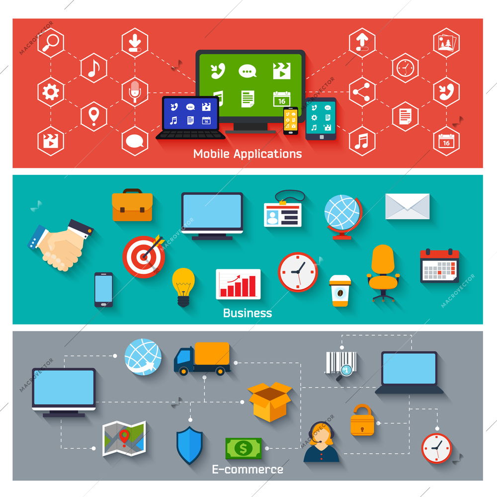 Mobile applications business and e-commerce concepts icons set vector illustration