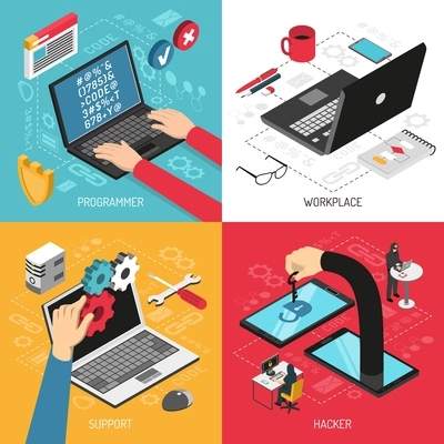 Programmer work 4 isometric icons concept square with typing code laptop screen office accessories isolated vector illustration