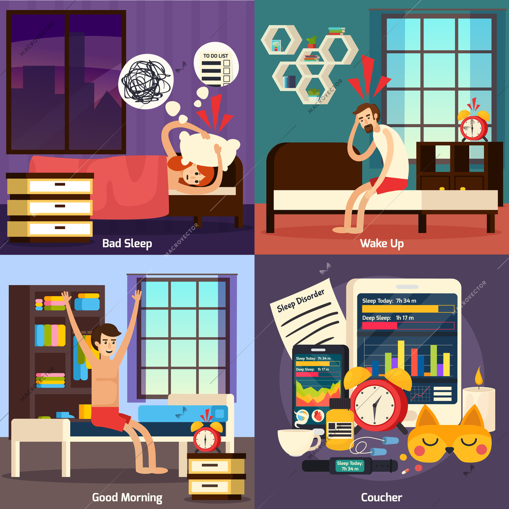 Sleep disorder orthogonal flat design concept with night rest problem, heavy and healthy awaking isolated vector illustration