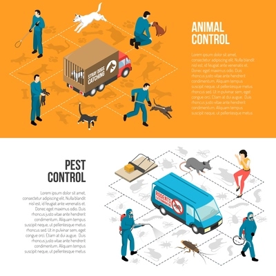 Stray animals pest control agency services 2 isometric horizontal infographic elements banners with text isolated vector illustration