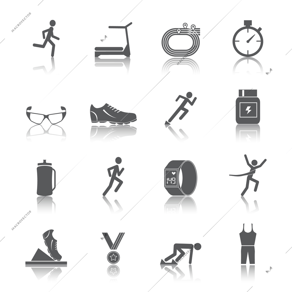 Running race sport activity black silhouette icons set isolated vector illustration