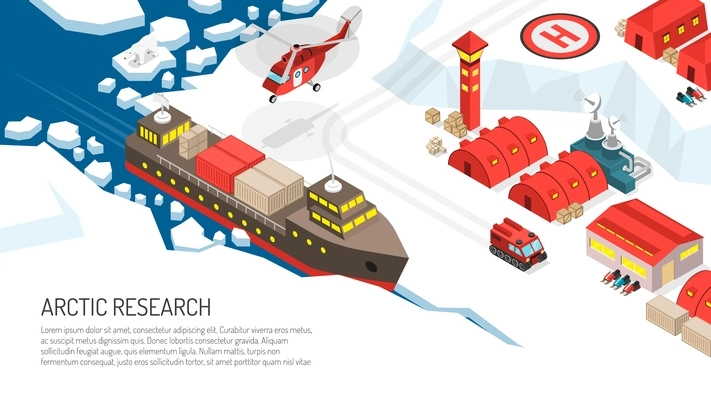 Arctic research polar station settlement isometric poster with icebreaker tracked vehicles snowmobiles helicopter landing helipad vector illustration