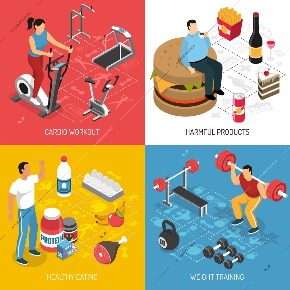 Fitness cardio workout strength training sport and healthy food choices concept 4 isometric icons isolated vector illustration