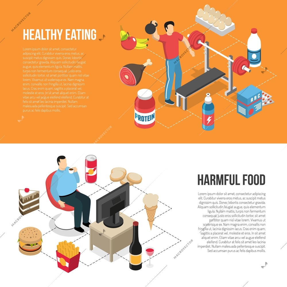 Healthy diet and exercising vs unhealthy junk food tv watching 2 isometric lifestyle banners isolated vector illustration