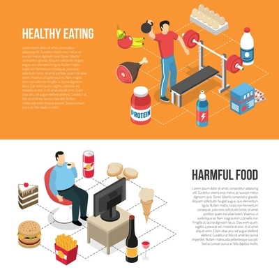 Healthy diet and exercising vs unhealthy junk food tv watching 2 isometric lifestyle banners isolated vector illustration