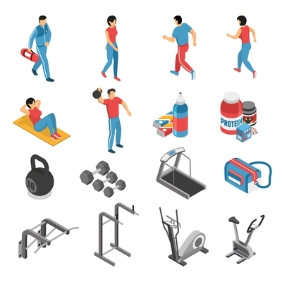 Healthy lifestyle attributes isometric icons collection with fitness gym exercises equipment food supplements energizers isolated vector illustration