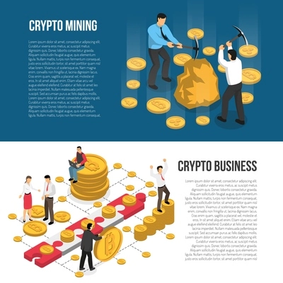 Cryptocurrency mining hardware investment maintaining operations and profit guide 2 isometric banners with text isolated vector illustration
