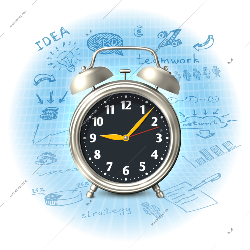 Alarm clock and hand drawn icons on background business strategy concept vector illustration