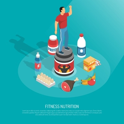 Fitness protein sources food supplements energizes drinks  healthy nutrition isometric background poster with exercising man vector illustration