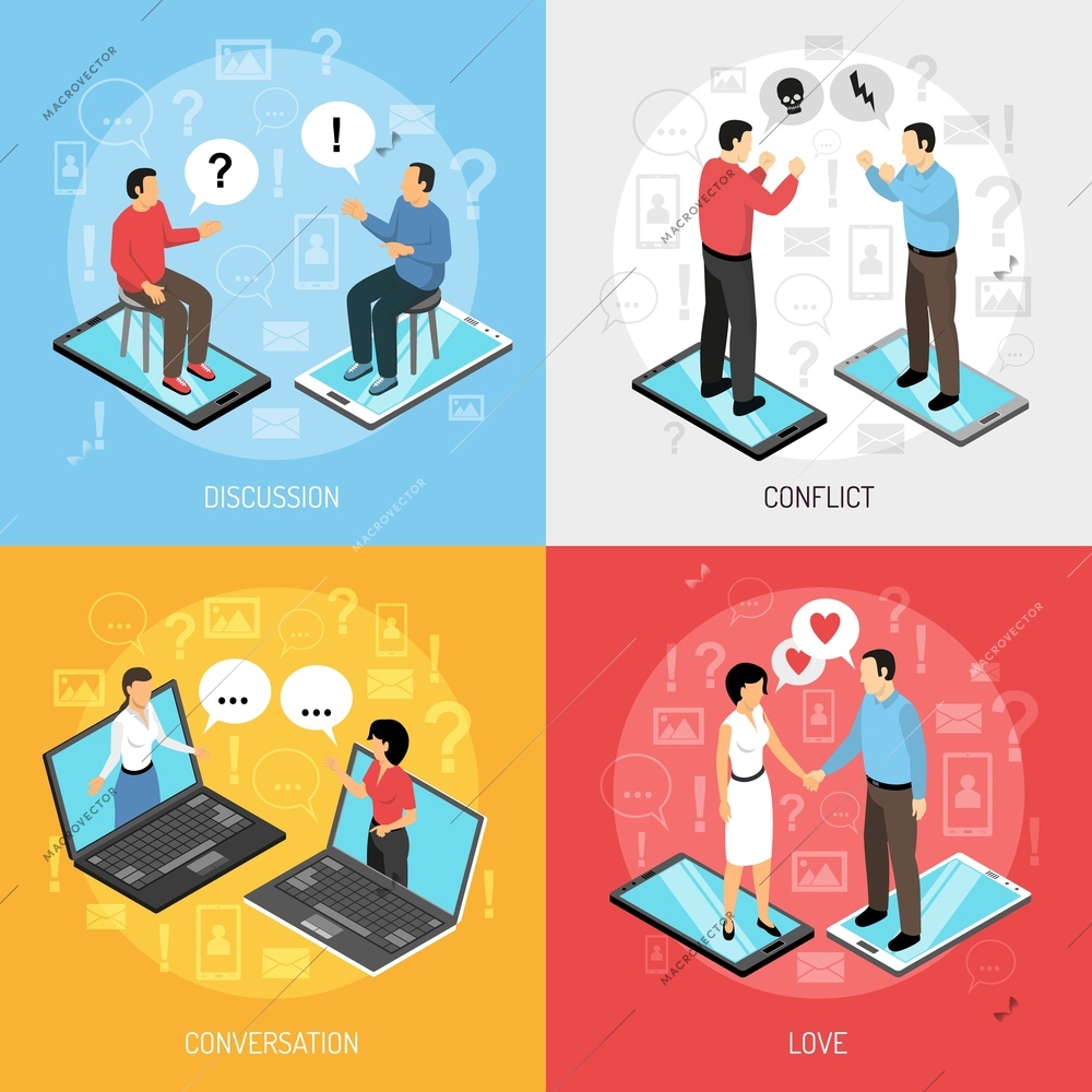 Chatrooms online 4 isometric icons concept with dating discussions arguing solving problems resolving conflicts isolated vector illustration