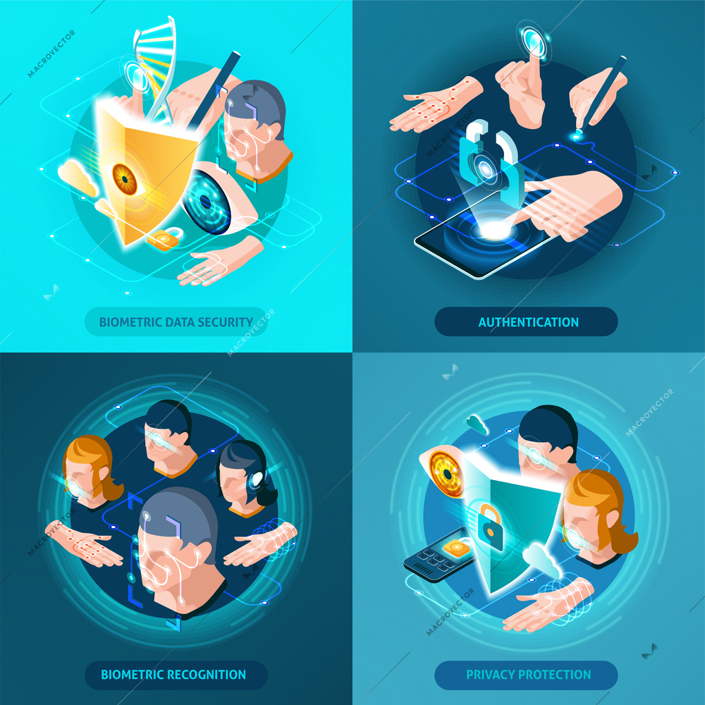 Biometric recognition authentication data security and privacy protection concept 4 isometric icons square composition isolated vector illustration