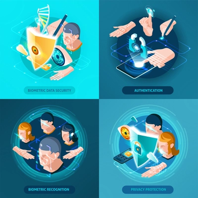 Biometric recognition authentication data security and privacy protection concept 4 isometric icons square composition isolated vector illustration