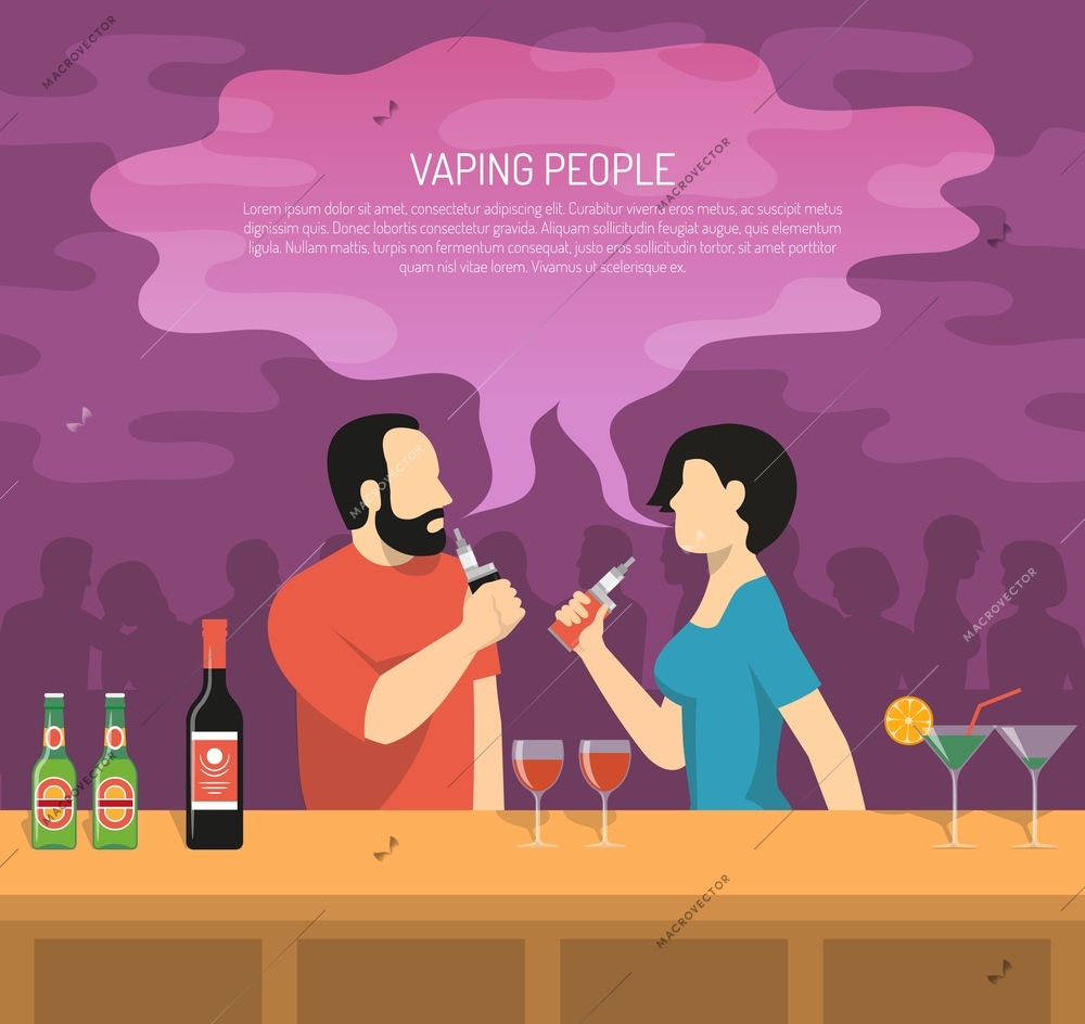 Vapor electronic cigarettes smoking colorful poster with 2 vaping bar visitors and guide summary text vector illustration