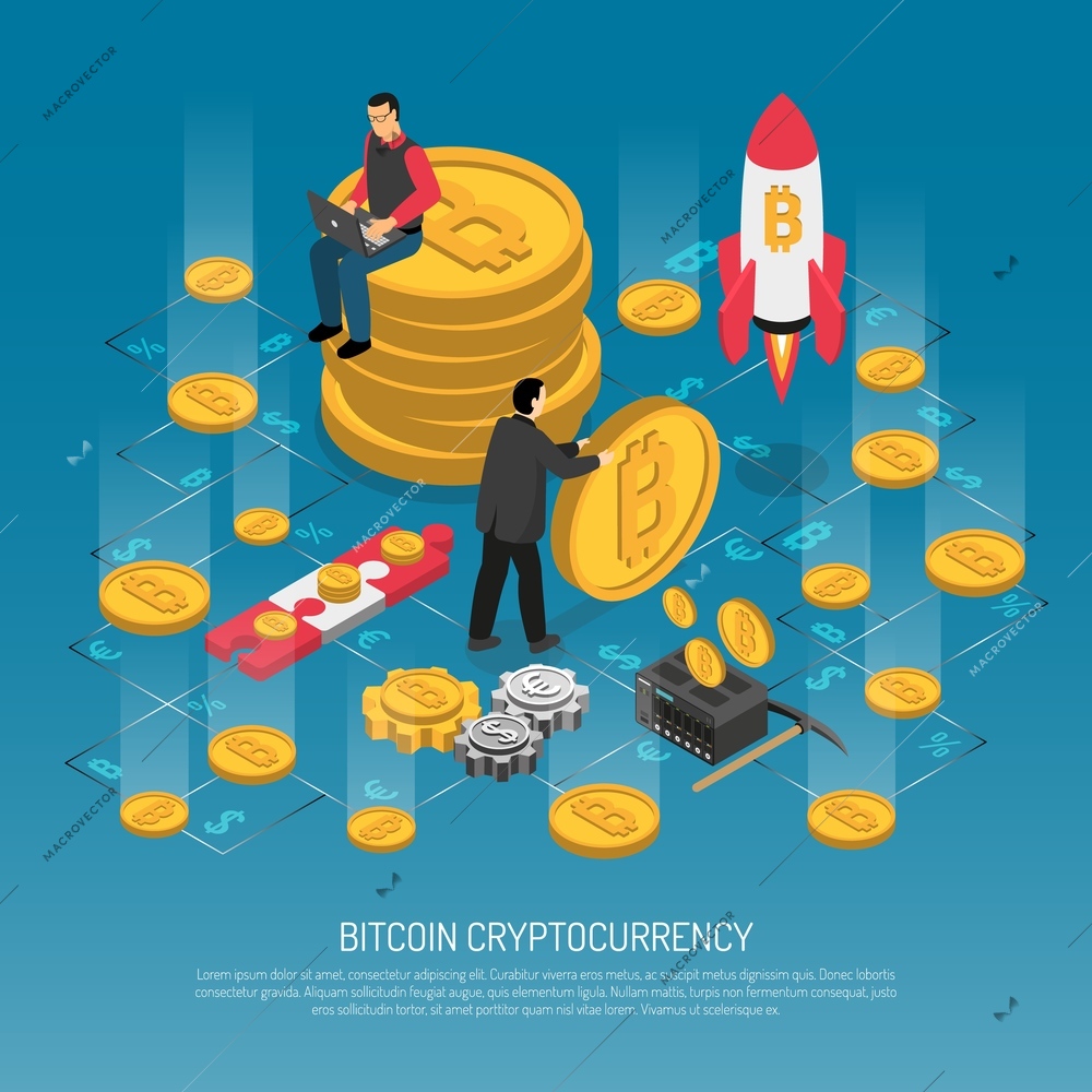 Cryptocurrency technology isometric poster with man sitting on bitcoins rocket launch blockchain and mining symbols vector illustration