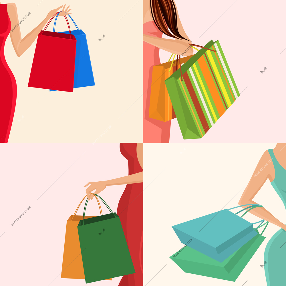Young females holding shopping bags in hands decorative elements set isolated vector illustration