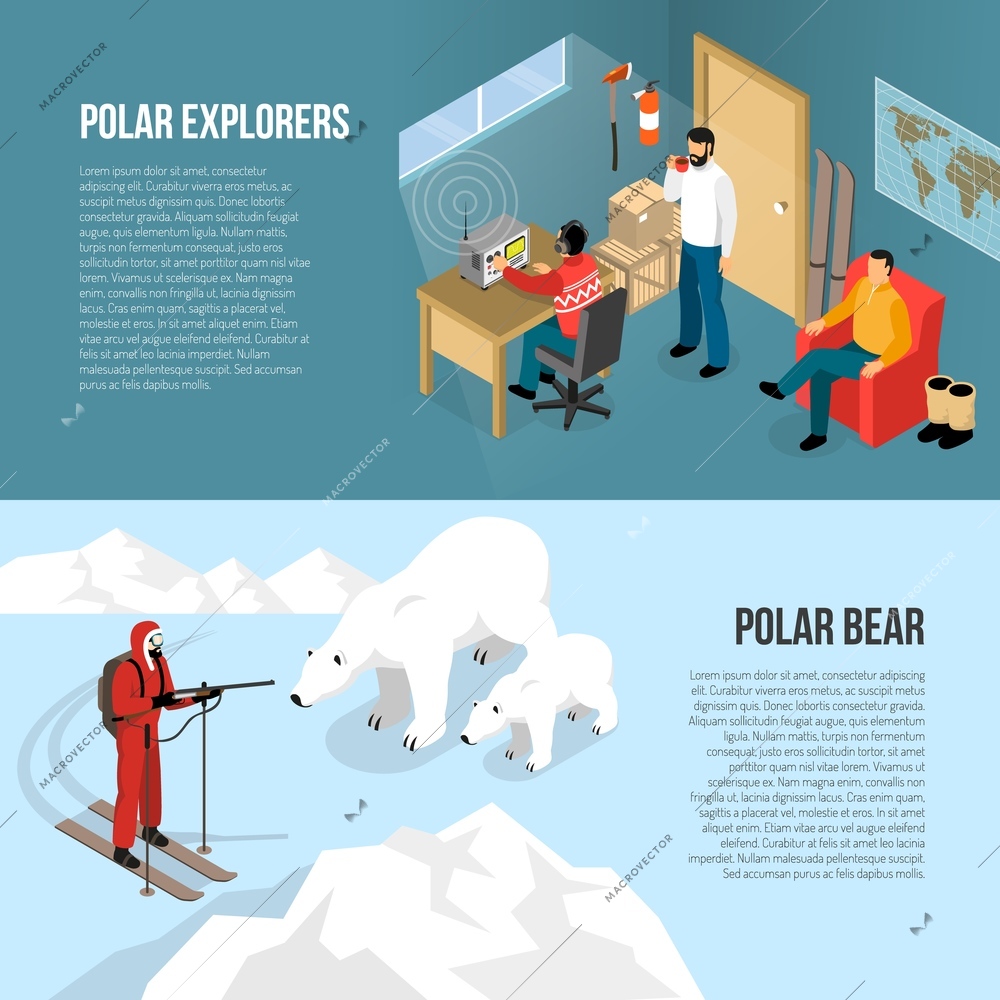 Arctic pole exploration 2 horizontal isometric banners with white bears and radio station interior isolated vector illustration