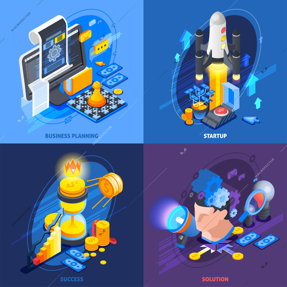 Startup entrepreneurship business plan solutions concept 4 isometric icons square with achieving success strategy isolated vector illustration