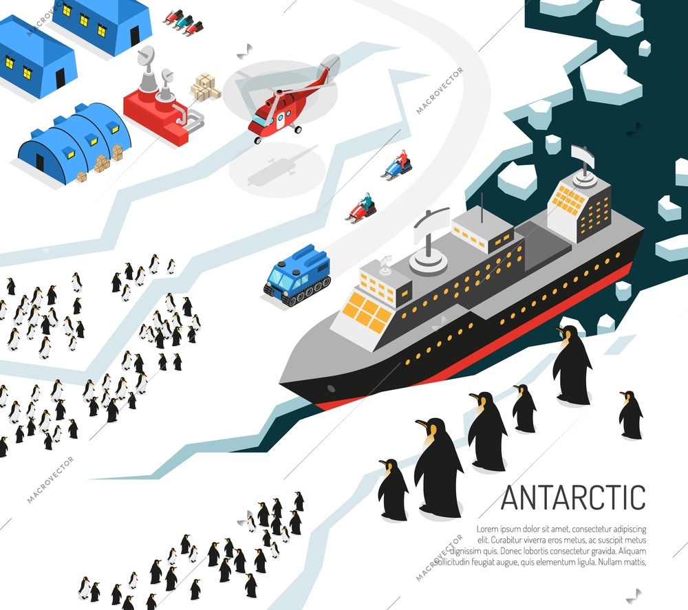 Antarctica continent ice-covered landmass Isometric poster with icebreaker research station settlement penguins and helicopter vector illustration