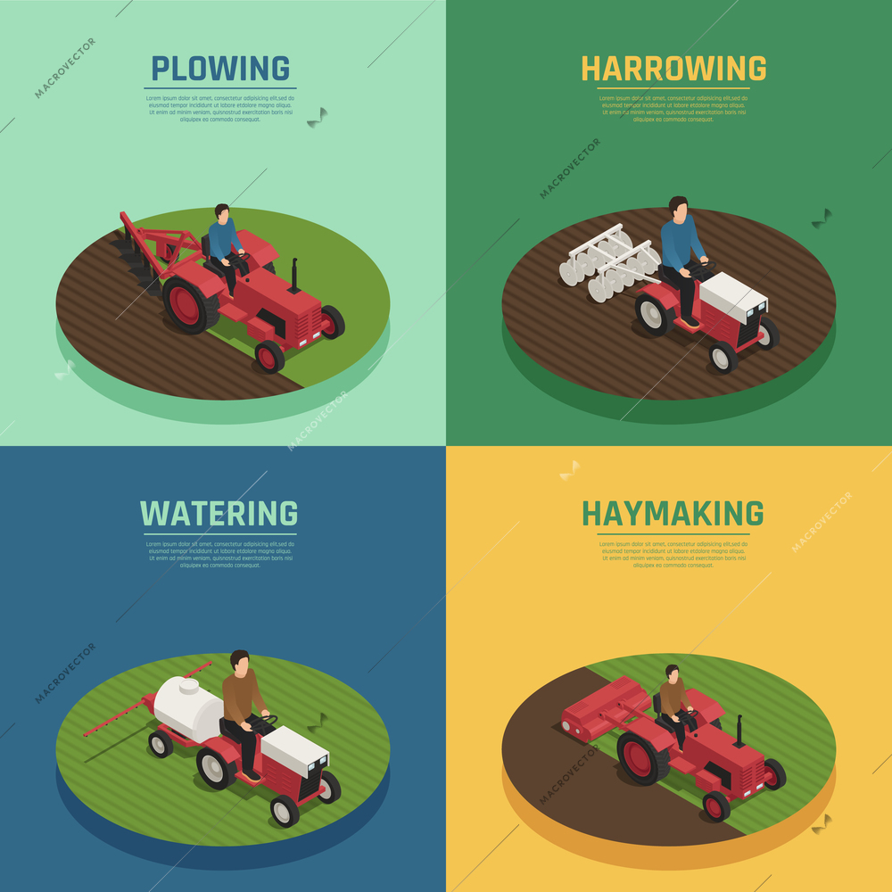 Agricultural farm machinery 4 isometric agricultural icons square with harrowing plowing and watering equipment isolated vector illustration