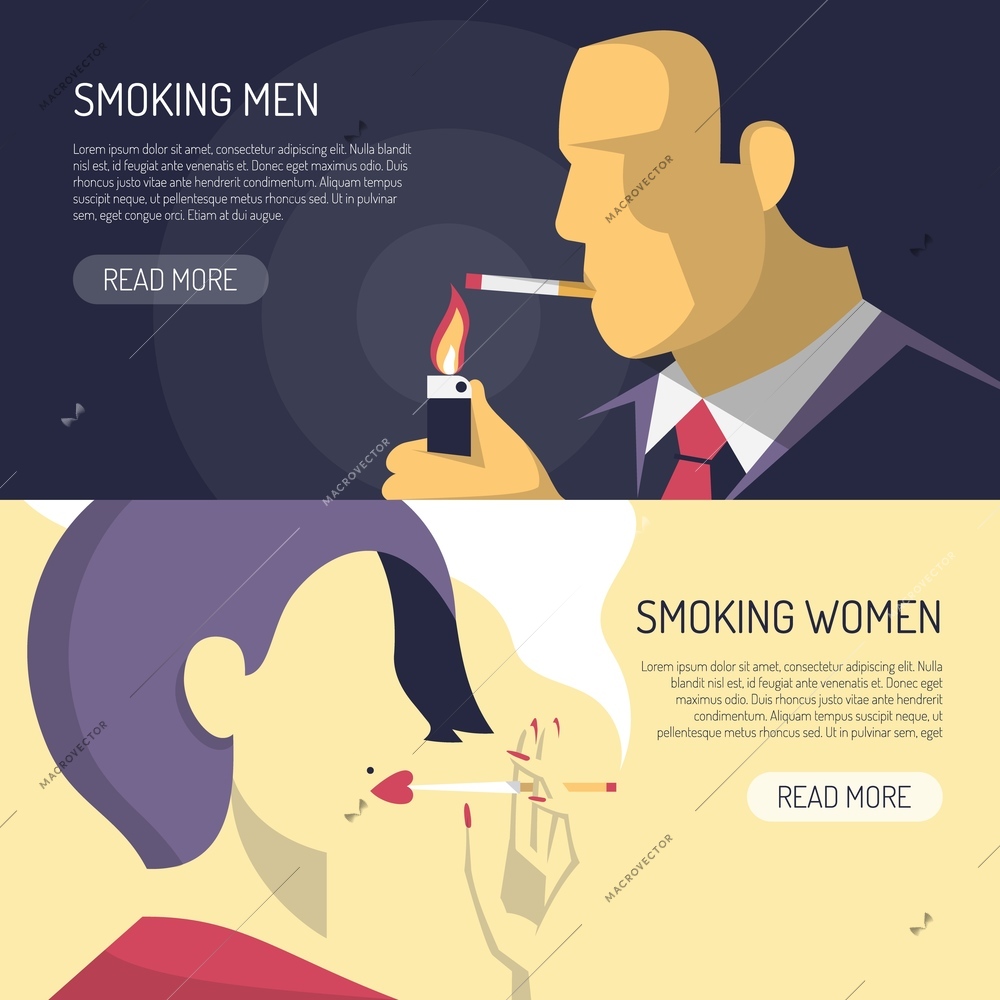 Smoking men women 2 horizontal banners webpage design with summary text and read more button vector illustration