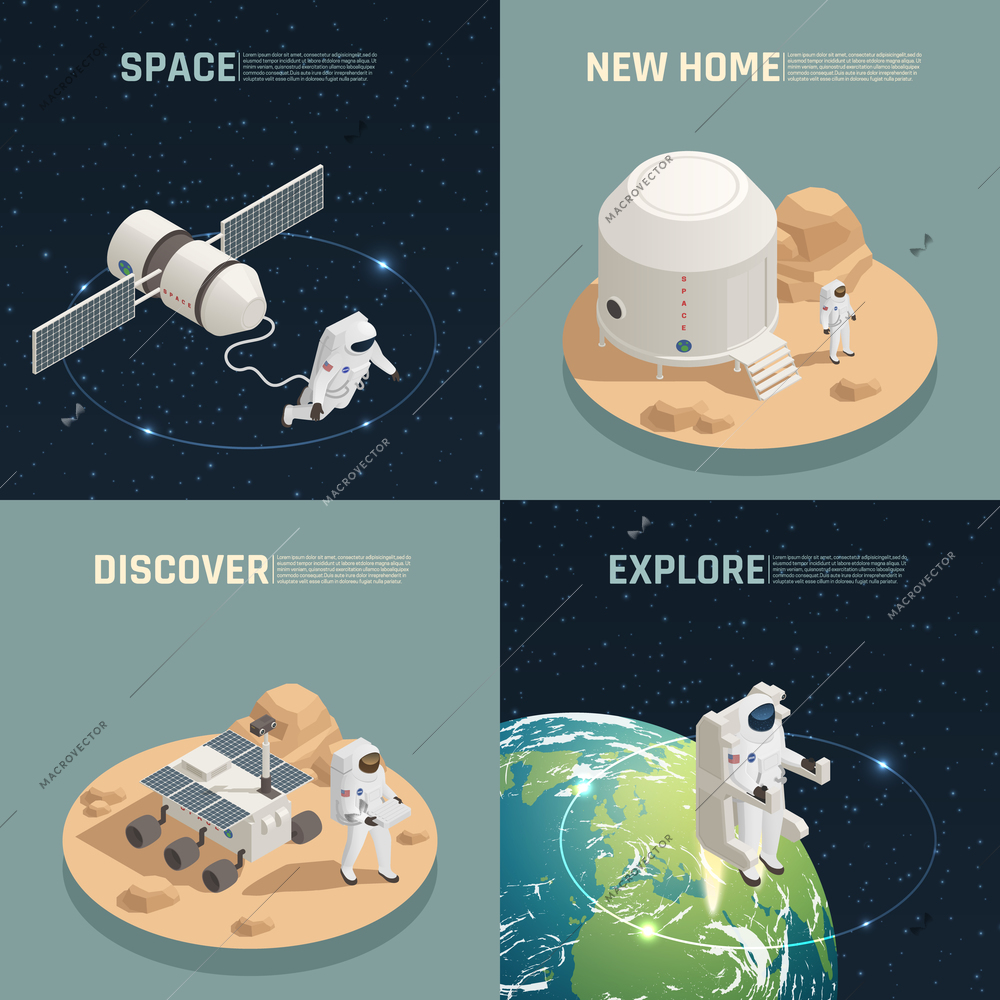 Space research exploration discoveries 4 isometric icons square with astronaut landing on alien planet isolated vector illustration