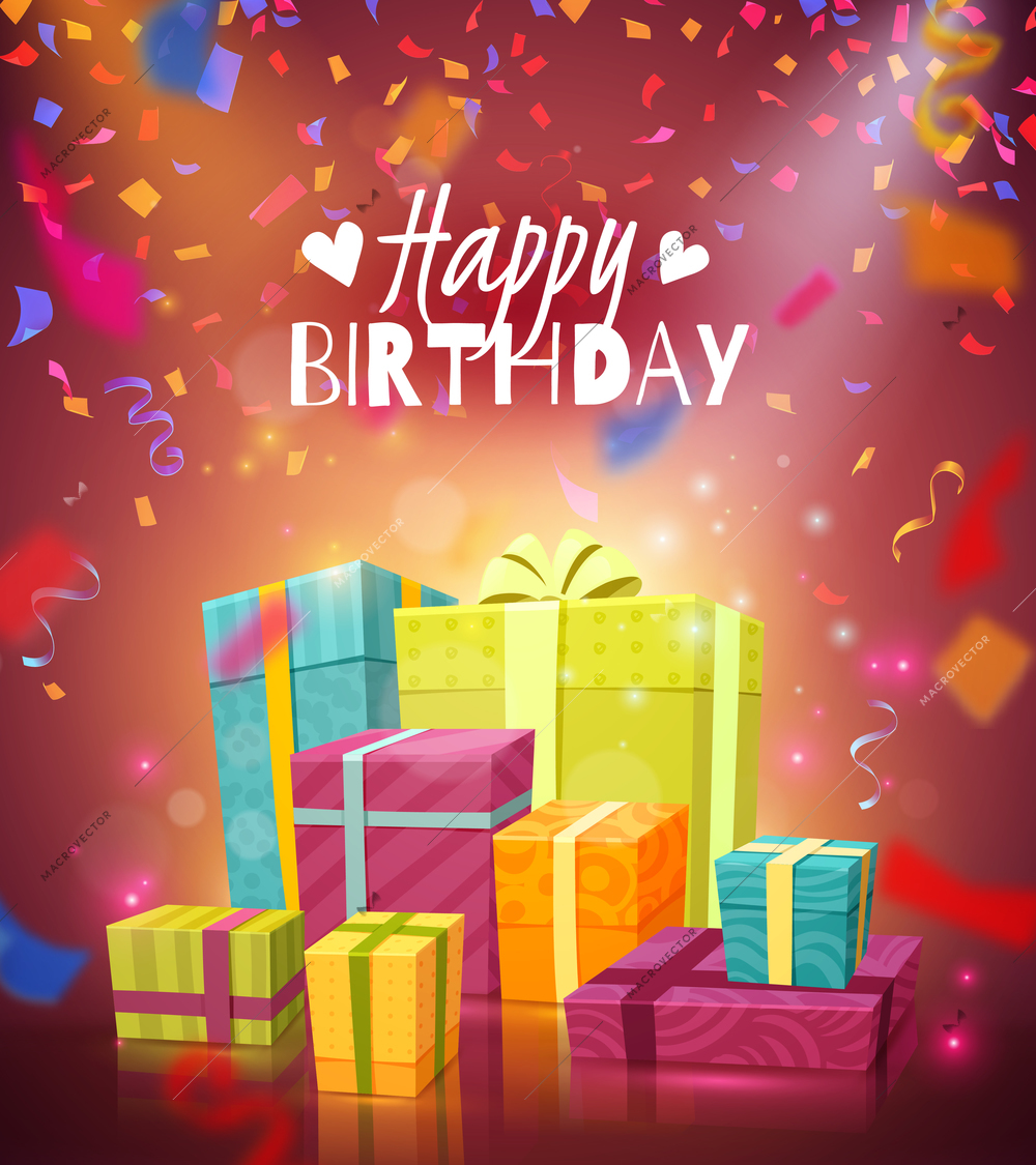 Happy birthday colorful festive background with flying shredded paper confetti and gift boxes in elegant packaging realistic vector illustration
