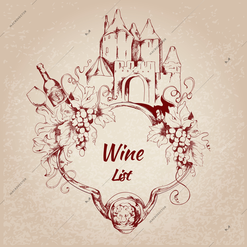 Wine restaurant list card with grape house bottle elements vector illustration