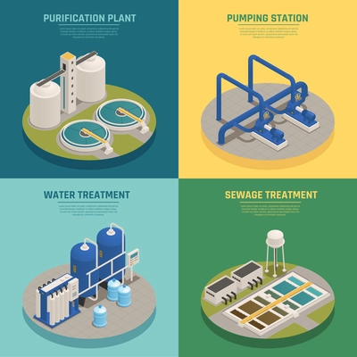 Water cleaning systems 4 isometric icons square with purification plant and sewage treatment background isolated vector illustration