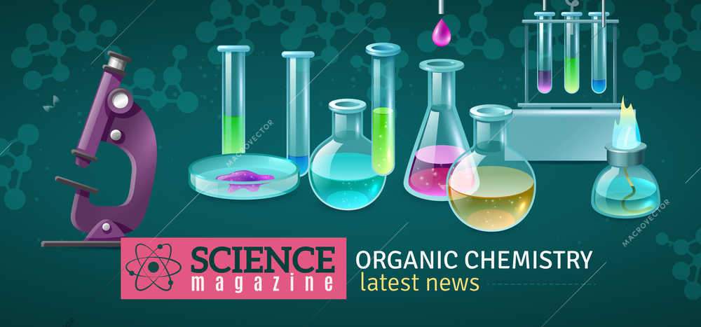 Science magazine horizontal banner with decorative icons of equipment for experiments in organic chemistry laboratory  vector illustration