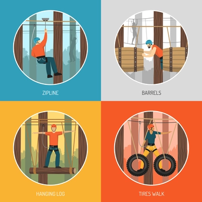 Ropes course outdoor adventure concept 4 flat icons with zip line tour and tires walking vector illustration