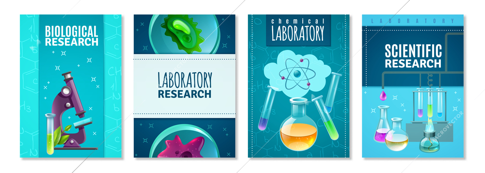 Four science isolated banners with laboratory tools for genetics chemical and biological research flat vector illustration