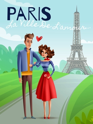 Paris as city of love cartoon poster with young couple at eiffel tower background vector illustration