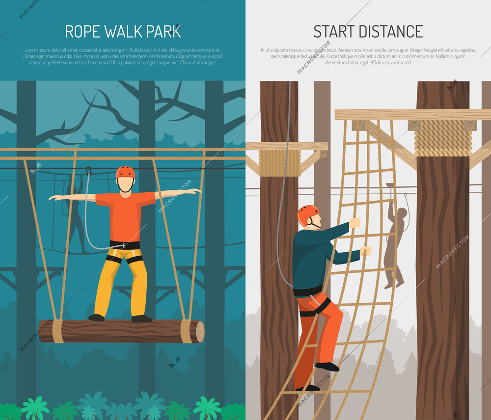 Rope walking park activities with hanging log balance and climbing practice 2 flat vertical banners vector illustration