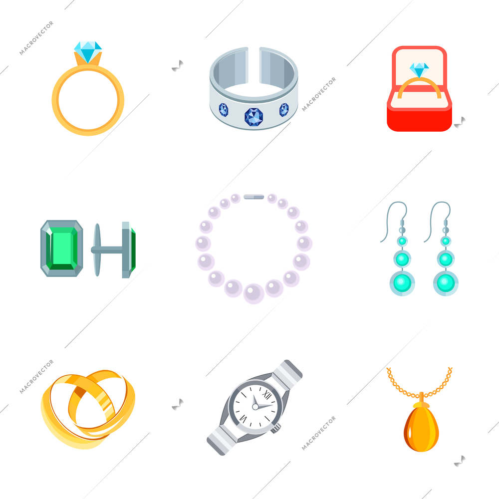 Jewelry flat icons set of diamond ring gem bracelet cuff links isolated vector illustration