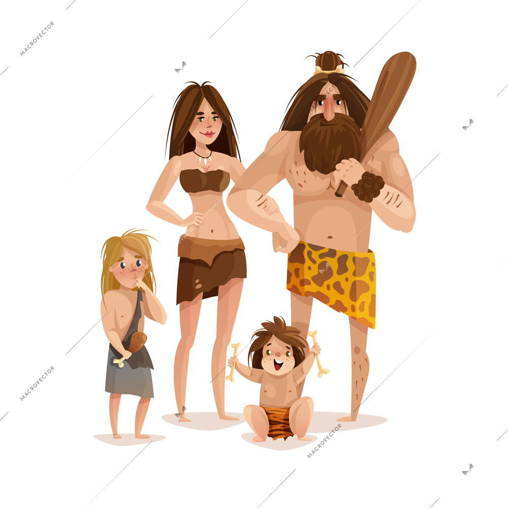 Caveman family design concept with mother father and two little kids dressed in animal skin cartoon vector illustration