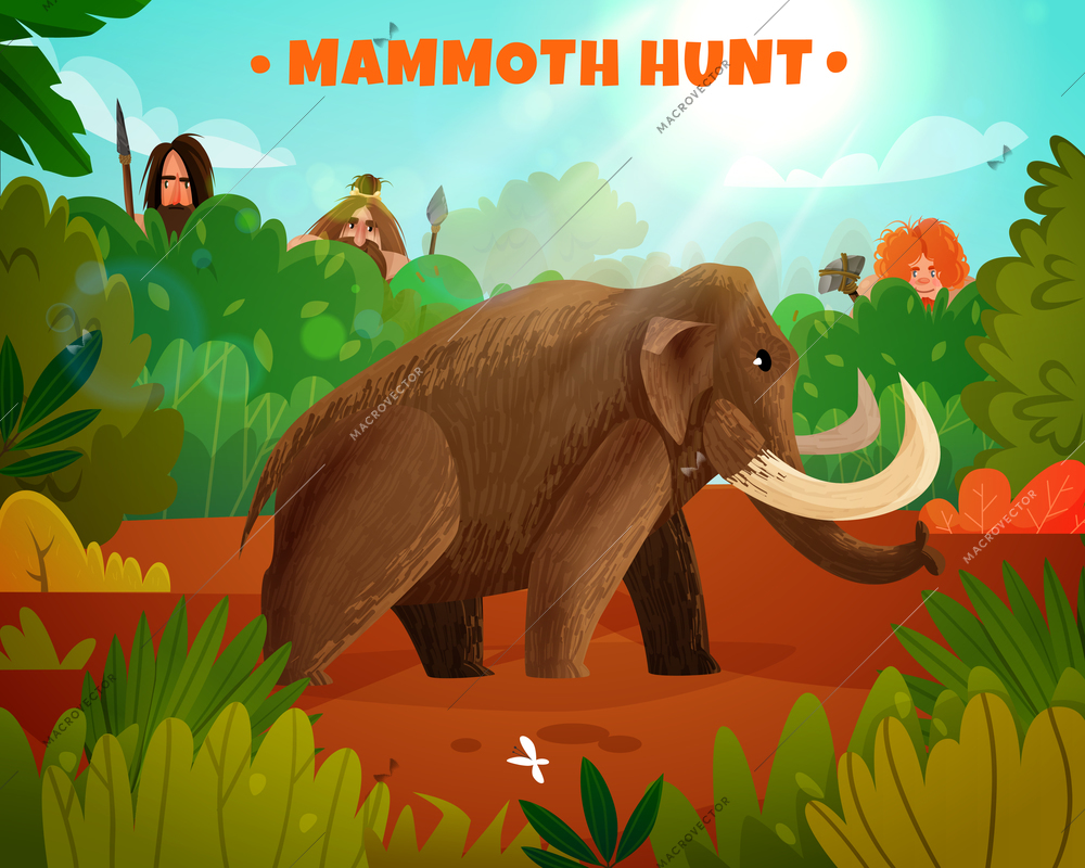 Mammoth hunt colorful poster with title and prehistoric people hunting for big animal in stone age cartoon vector illustration