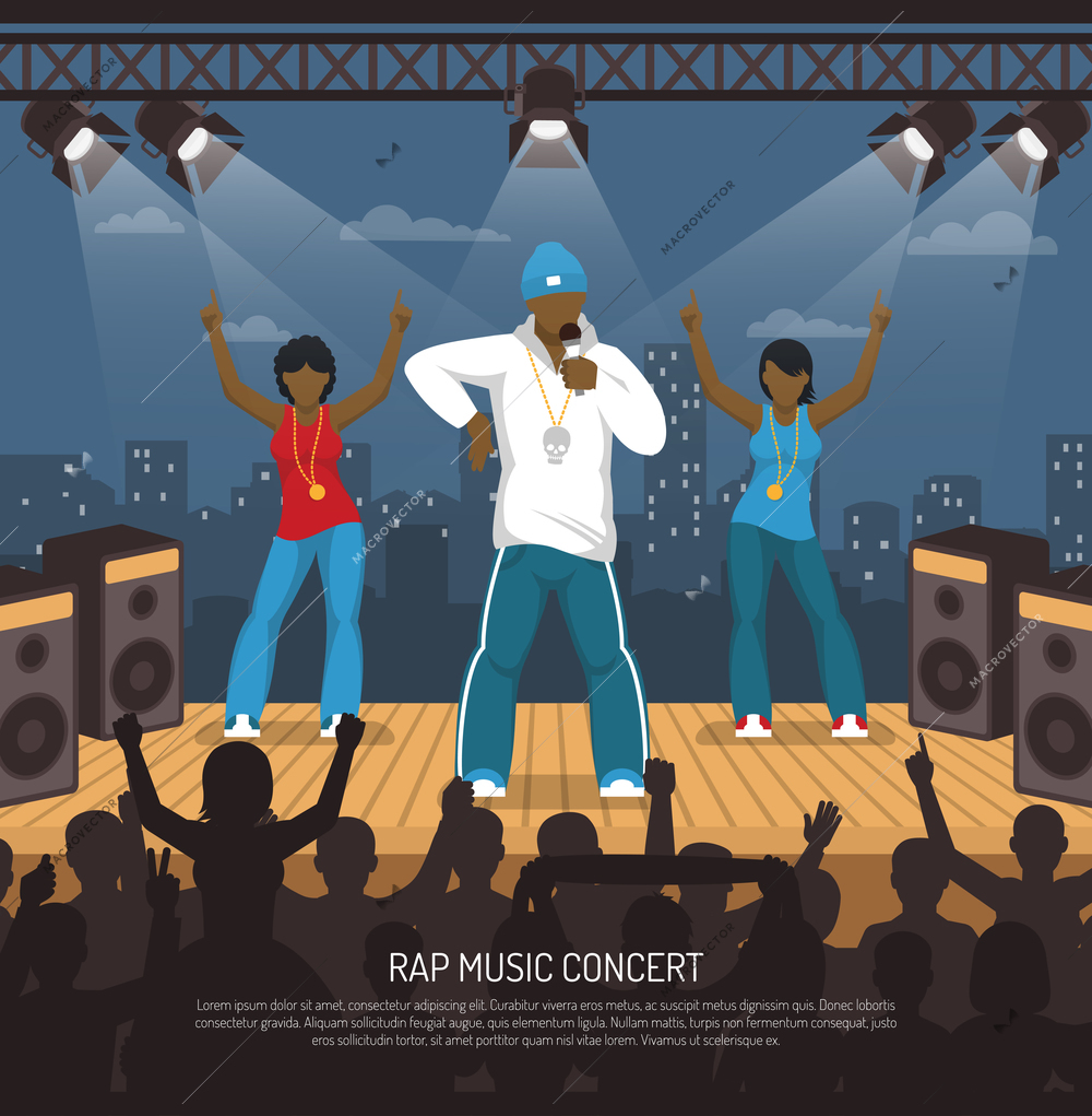 Rap music concert with singer and 2 ladies onstage performance under beam lights flat poster vector illustration